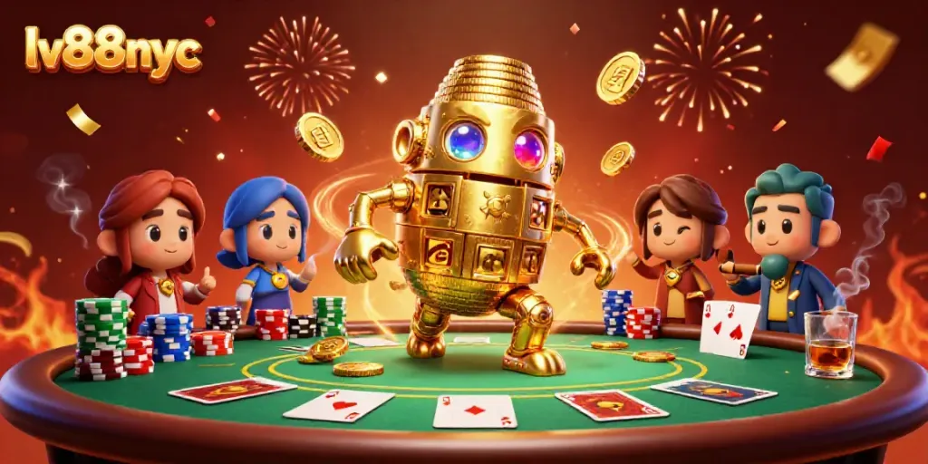 Engage in excitement at lv88nyc with a golden golem and vibrant poker elements.