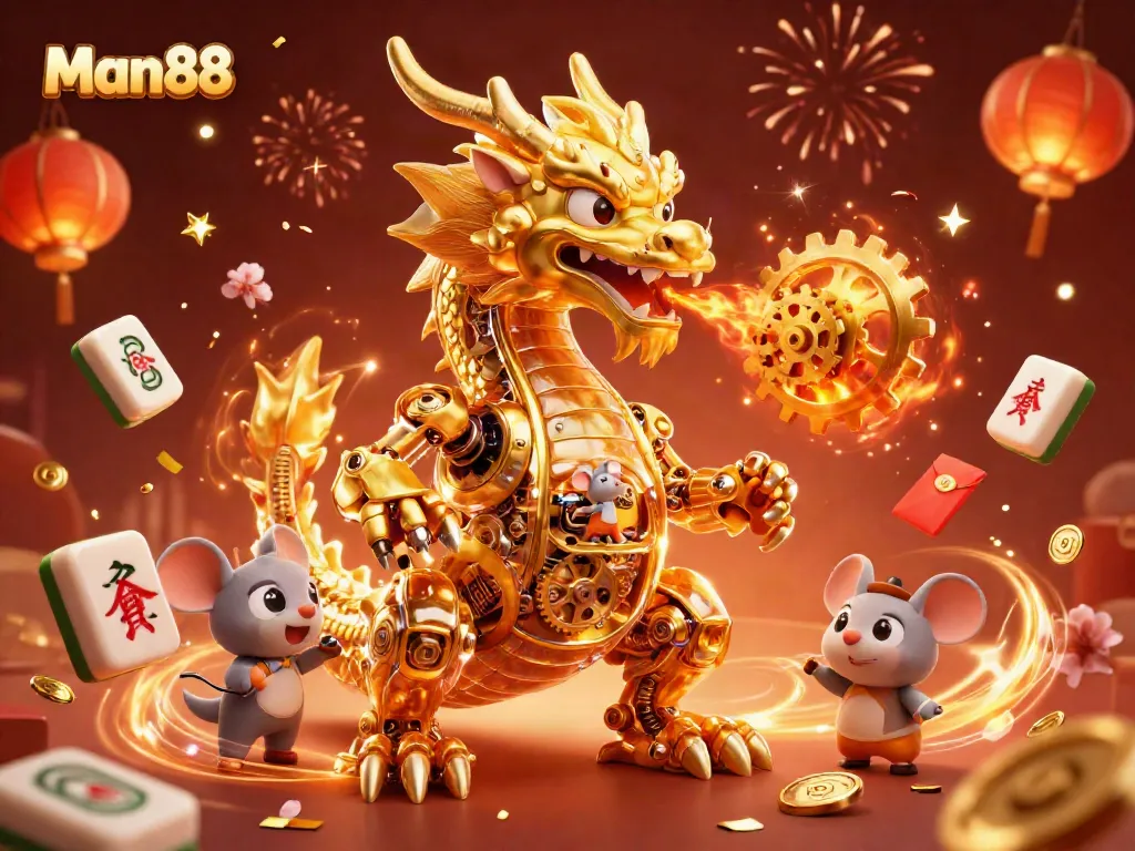 Engage in thrilling gambling action at Man88 with a vibrant dragon and dynamic casino elements.