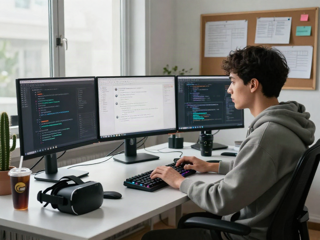 Developer engaged in nsfw ai chat at a high-tech workspace, coding with multiple monitors and creative elements.