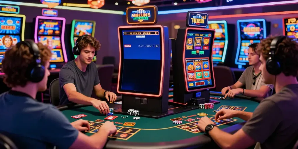 Players enjoying games at casinos that accept credit card, vibrant atmosphere with neon lights.