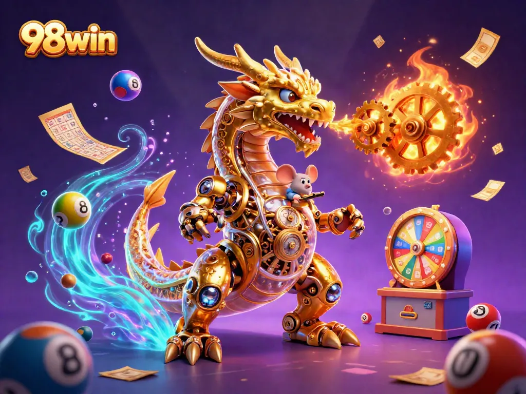 Engage with 98win's thrilling universe featuring a golden dragon and interactive lottery elements.