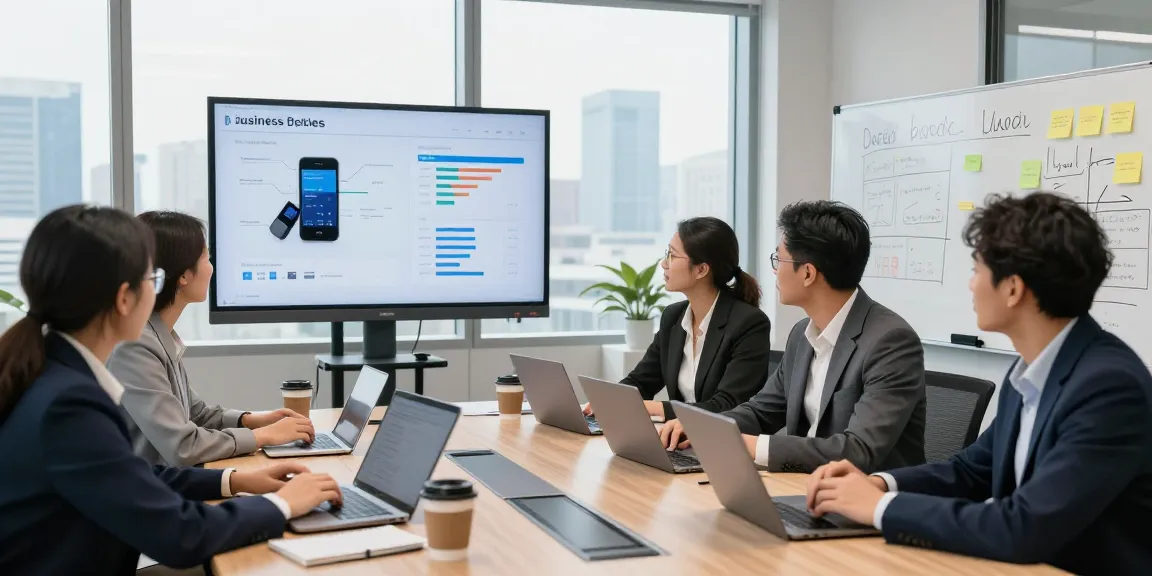 Team discussing business phone systems in modern office conference room