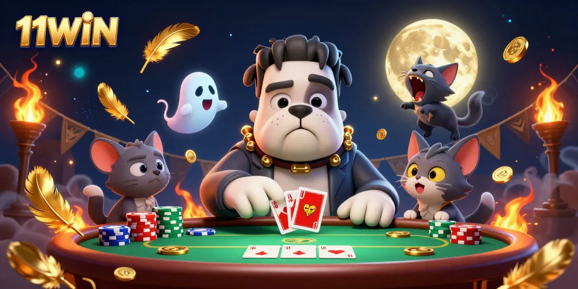 11WIN poker scene with a cartoon bulldog dealer and ghost mouse at a glowing table.