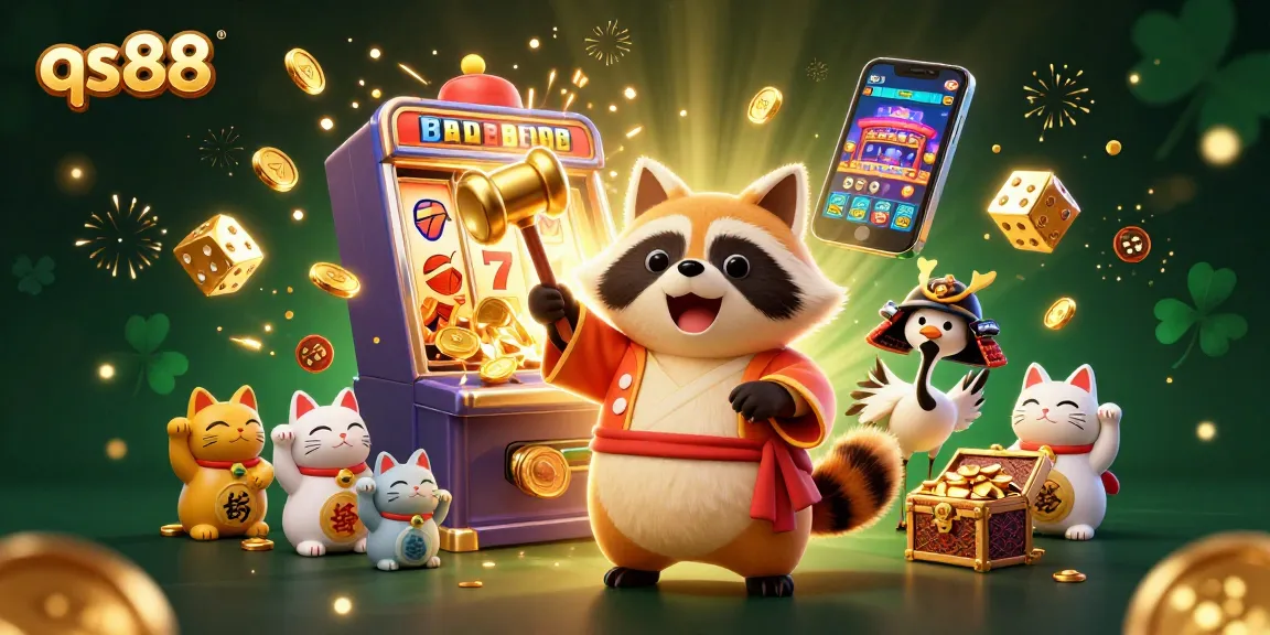 Experience thrilling slots at qs88 with lively tanuki and fortune cats amidst vibrant casino elements.