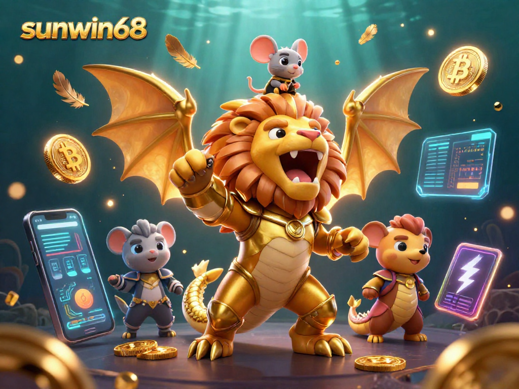 Experience the thrill of sunwin68 with vibrant 3D casino characters and crypto elements.