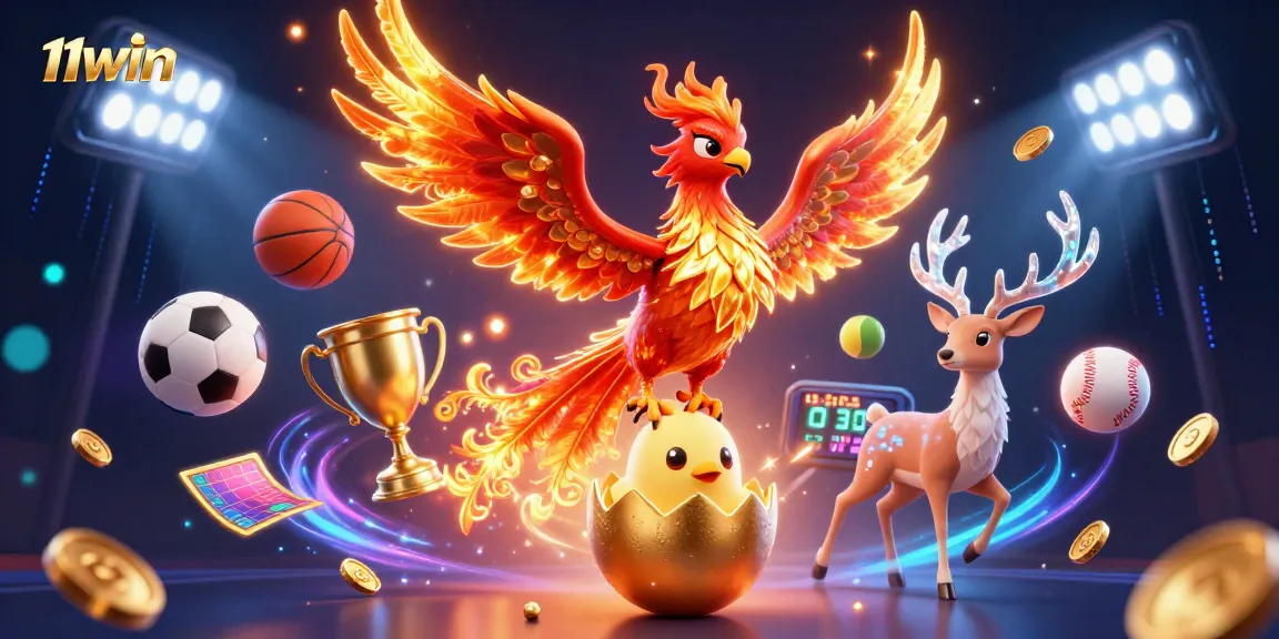 Engage with 11WIN through this vibrant 3D illustration featuring a phoenix and sports betting elements.