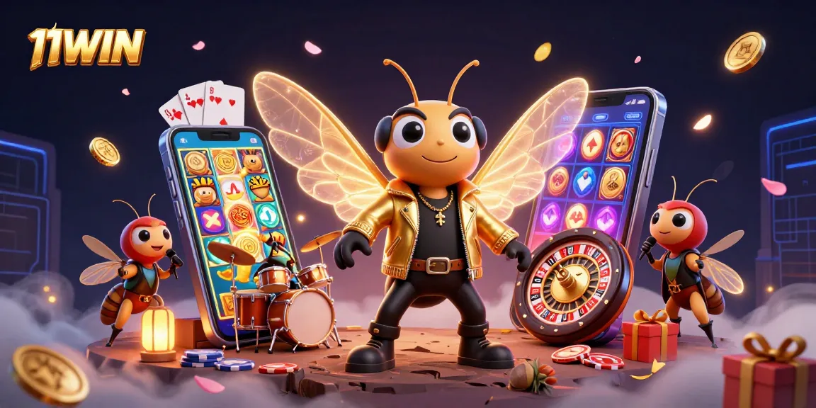 Feel the thrill with 11WIN as you join a rock star cicada amidst colorful slot games and casino excitement.