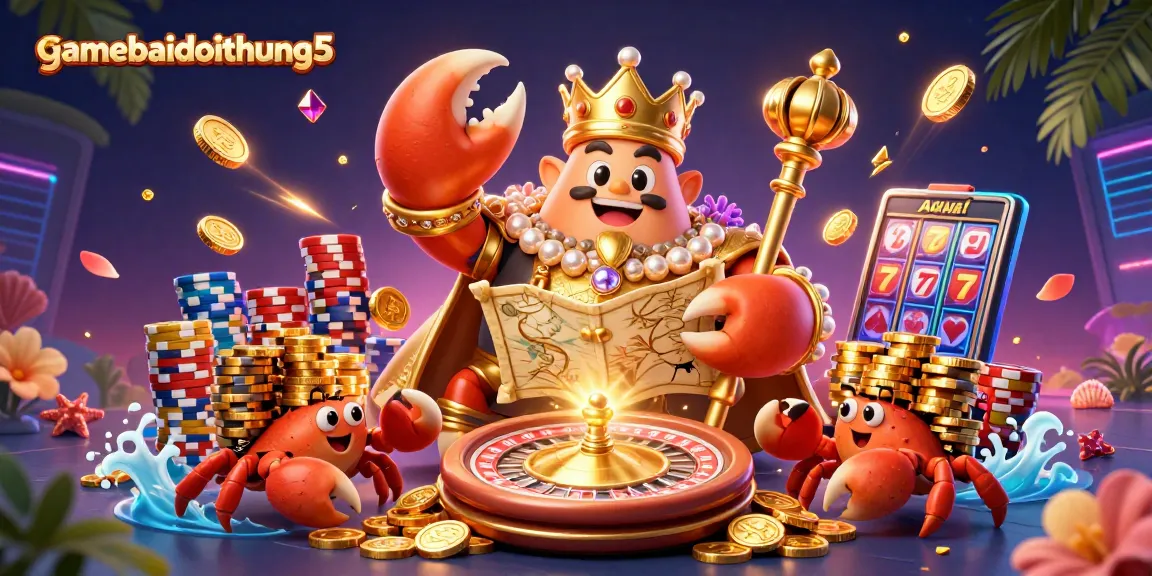 Win big with gamebaidoithuong5 at an incredible 3D casino scene featuring a golden crab emperor and vibrant game elements.