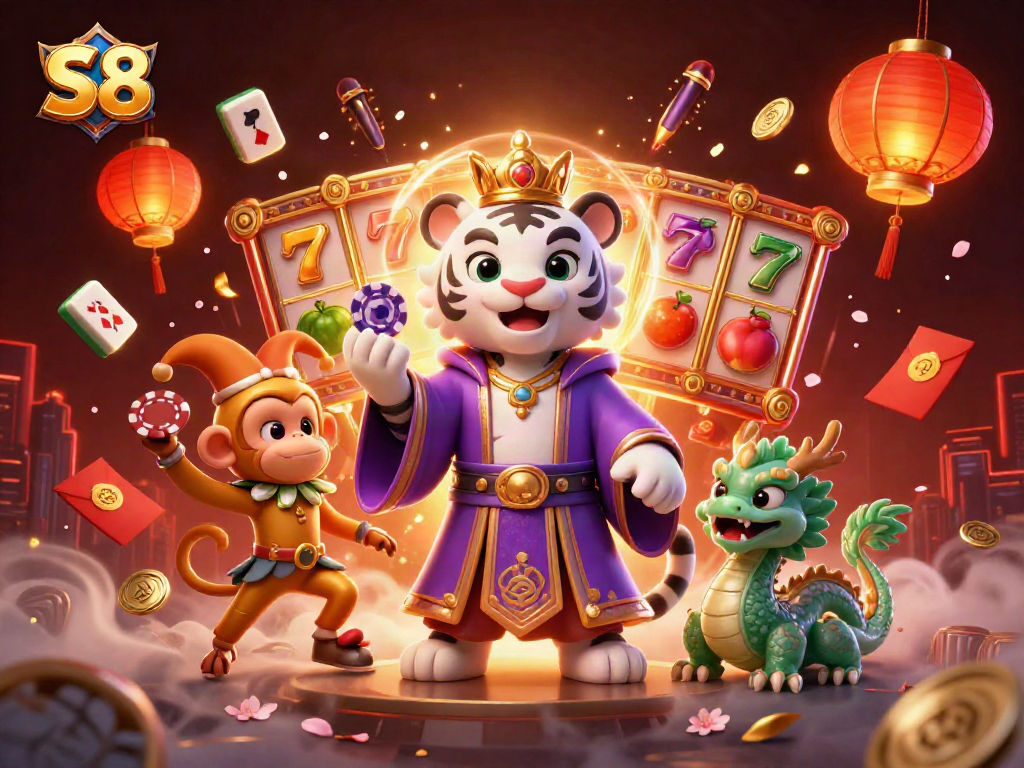 Join the S8 action with a vibrant tiger, monkey, and jade dragon in a lively casino setting.
