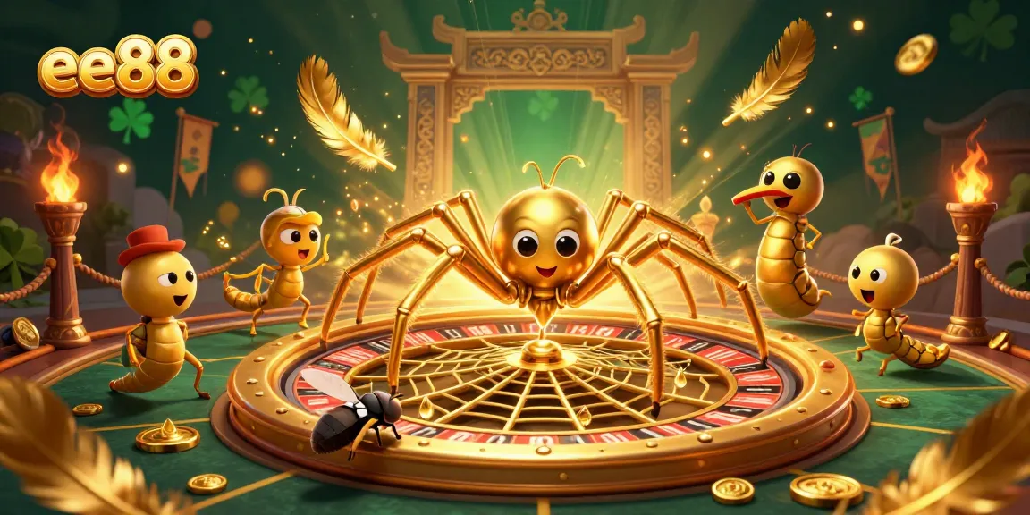 ee88 captures a thrilling casino scene with a golden spider and vibrant elements.