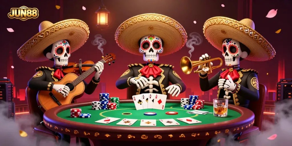 Experience the excitement at JUN88 with a vibrant mariachi band performing amidst poker elements.