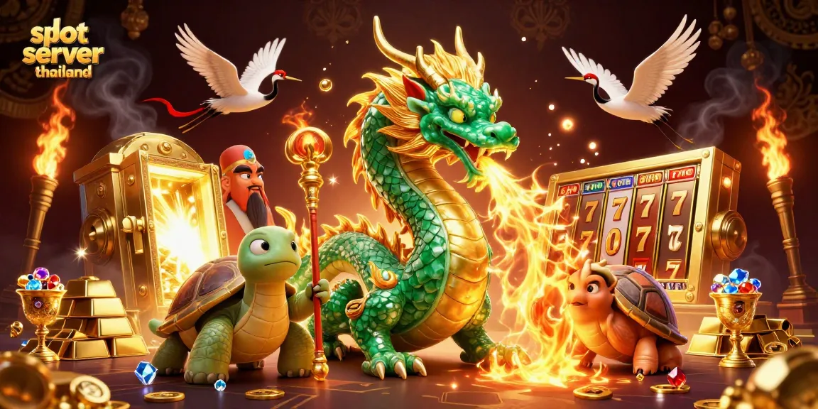 Engage with slot server thailand featuring a jade dragon and lucky symbols in a vibrant casino scene.