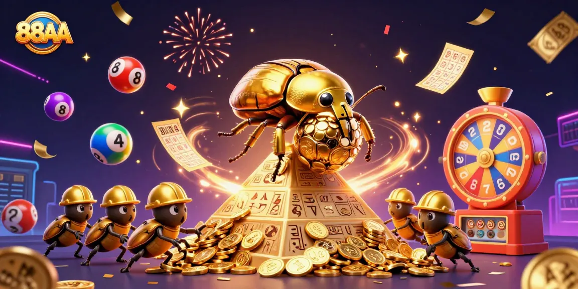 Experience excitement at 88AA with a golden beetle rolling coins and vibrant casino elements.
