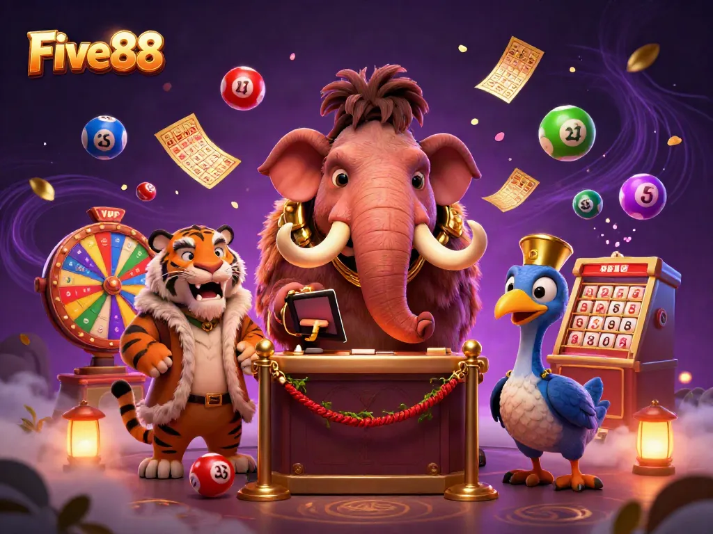 Five88 offers exciting lotteries and games highlighted by vibrant balls and dynamic characters at a casino entrance.