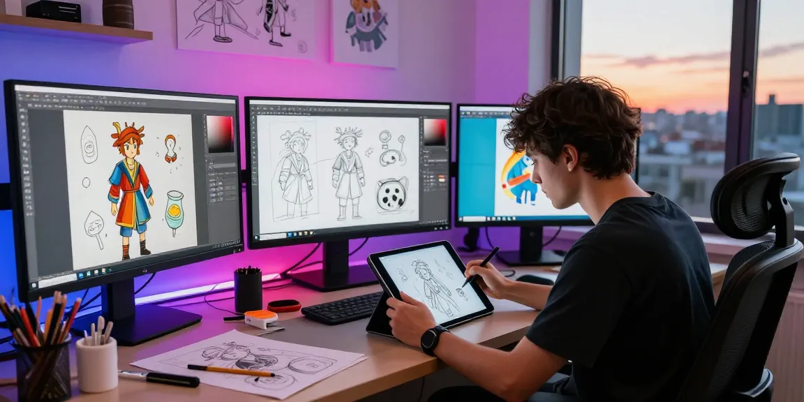 Creating ai nsfw digital art illustrations in a vibrant studio environment.