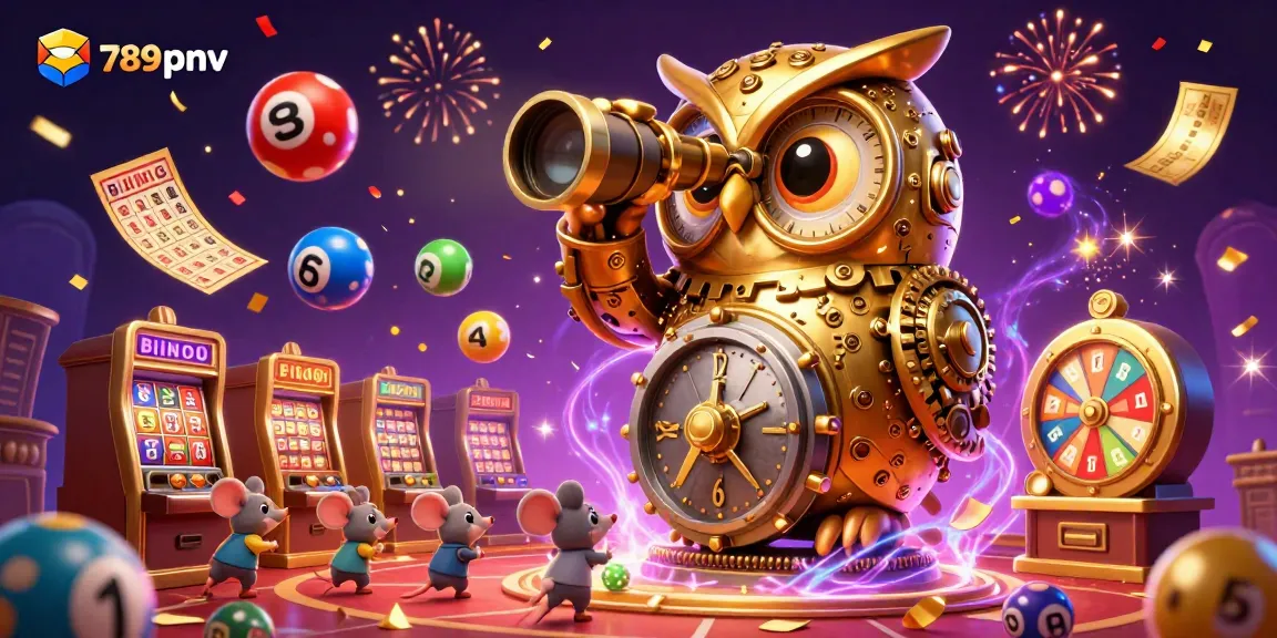 Experience thrilling gameplay at 789pnv with vibrant lottery balls, blackjack tables, and a golden owl guiding players.
