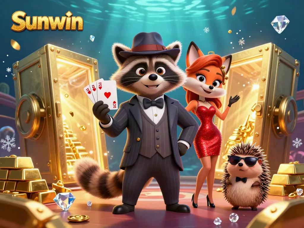 Experience thrilling gaming action with Sunwin featuring friendly characters and stunning treasures in a vibrant casino.