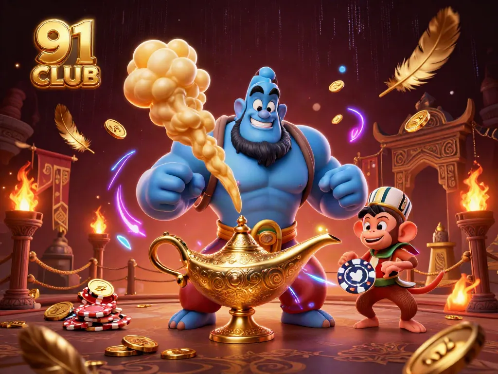 Experience the thrill of 91 CLUB with animated casino-themed characters in vibrant, interactive illustration.