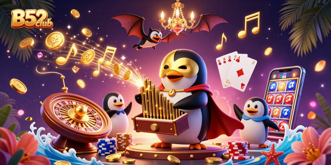Engage with B52club's vibrant gaming scene through a dynamic 3D illustration showcasing casino excitement.