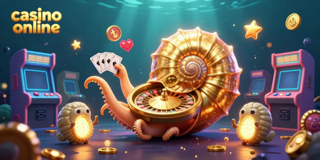 Engaging 3D casino online scene with ancient nautilus roulette and glowing ammonites.