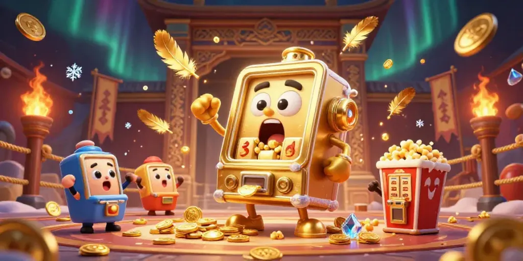 Casino scene with a golden slot machine celebrating a jackpot, surrounded by cheering smaller machines.