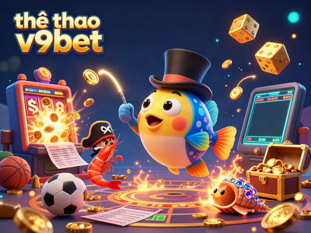 Experience thể thao v9bet with thrilling sports betting action in a vibrant 3D illustration featuring dynamic characters and elements.