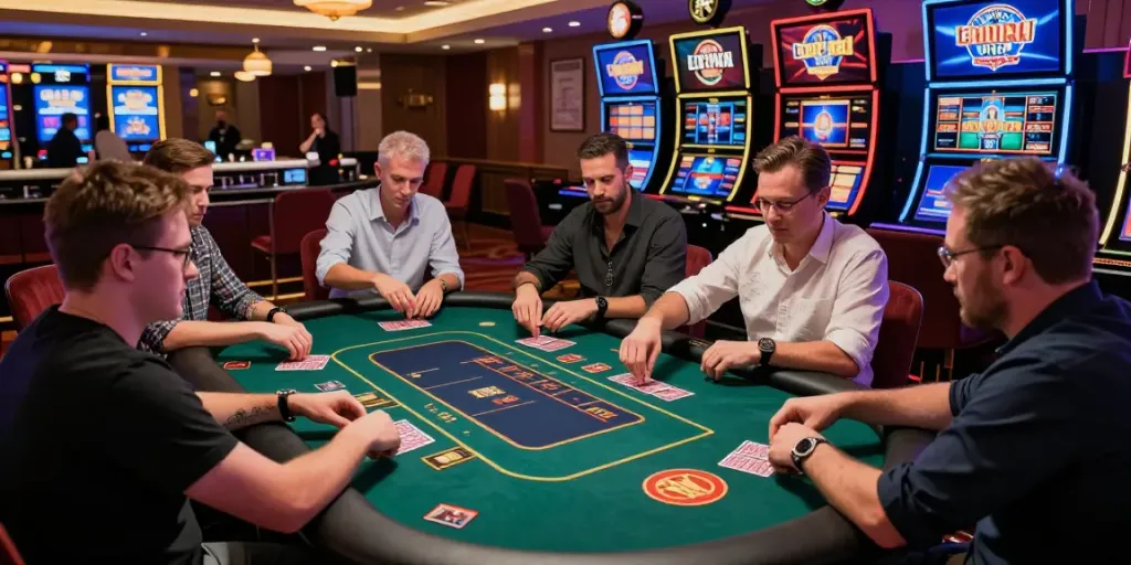Exciting gameplay at credit card casinos UK with diverse players enjoying interactive card games in a vibrant casino setting
