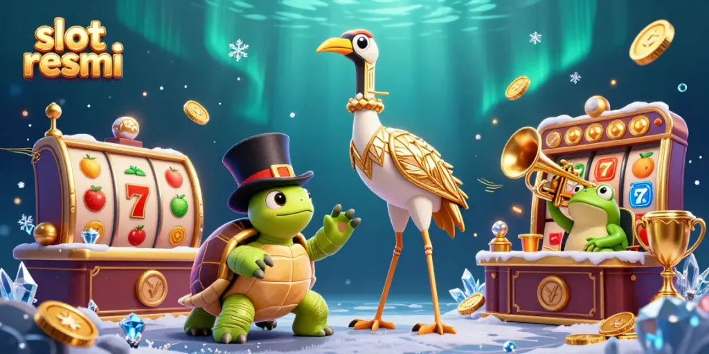 Engage with slot resmi in a vibrant casino scene featuring dynamic slot reels and animated characters.