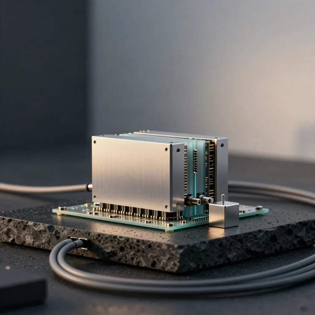 Brushed-aluminum AI compute modules and braided cables on dark stone in moody blue-hour light.