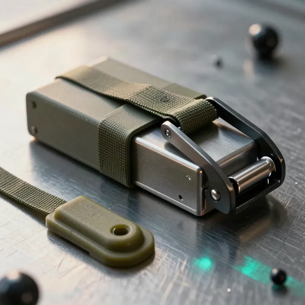 Cargo seal and ratchet buckle on brushed metal, with pallet protector and cable tie in macro detail.