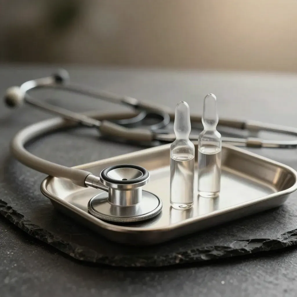 Stethoscope, glass vials, and a metal tray on dark stone under dramatic studio light.