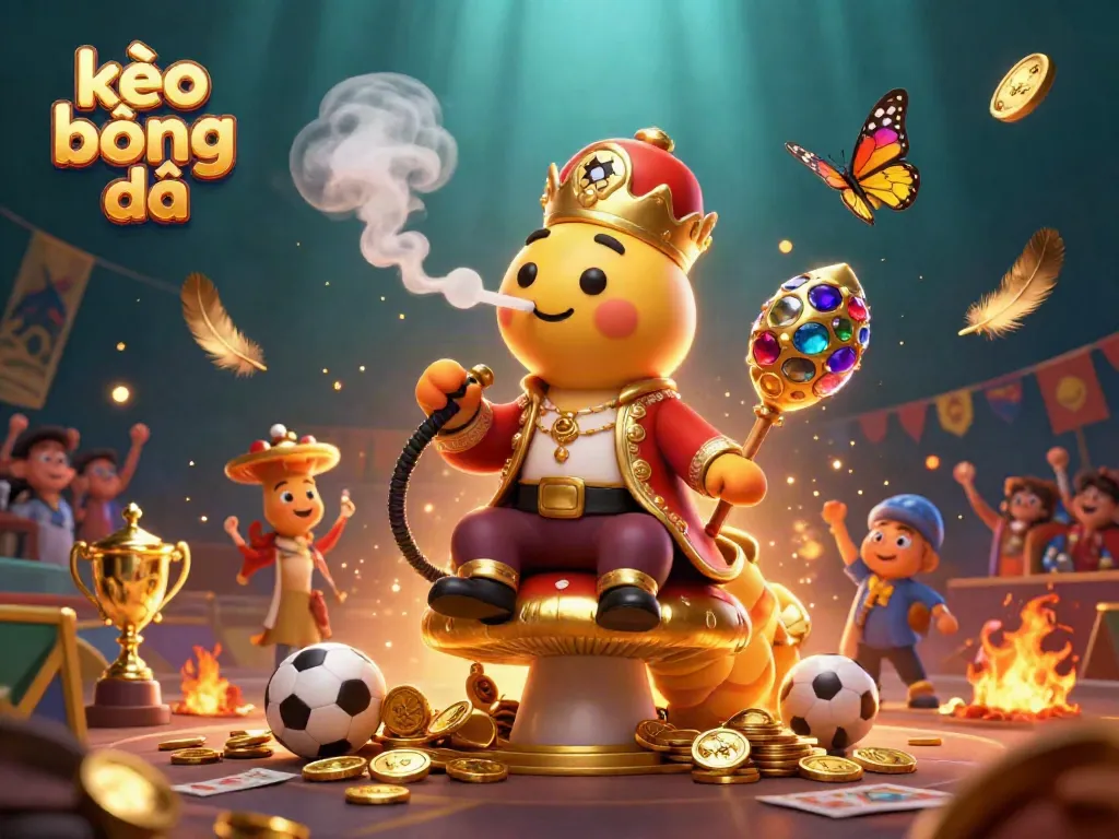 Betting on kèo bóng đá with a vibrant 3D caterpillar character amid sports-themed elements.