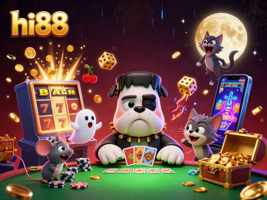 Experience thrilling gameplay at hi88 with a cartoon bulldog dealer and grand jackpot excitement.