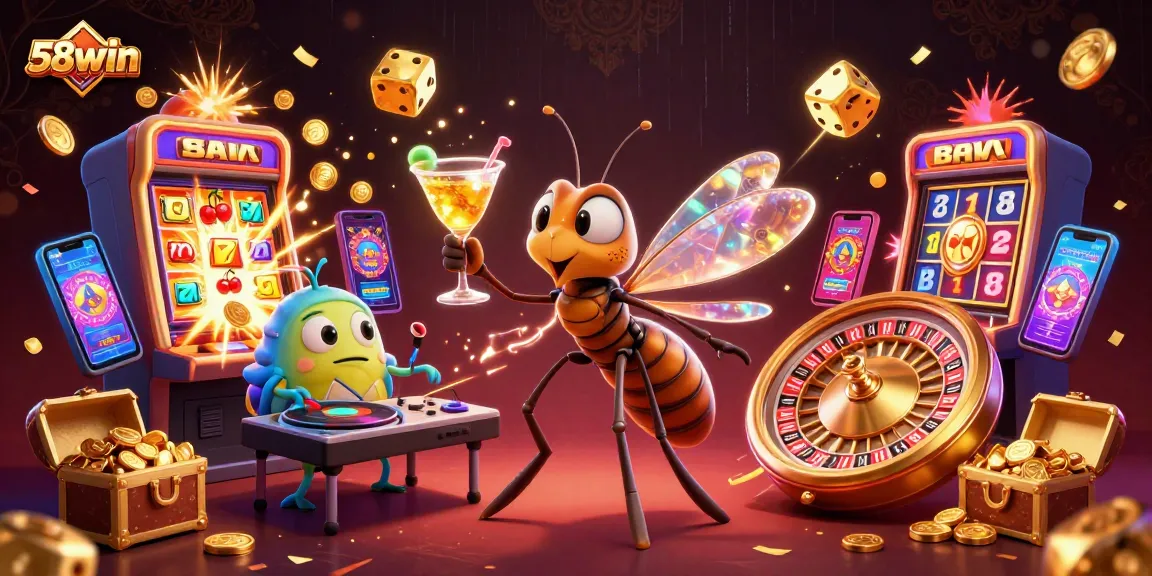 58win brings excitement with a vibrant casino-themed 3D illustration featuring dynamic characters and game elements.