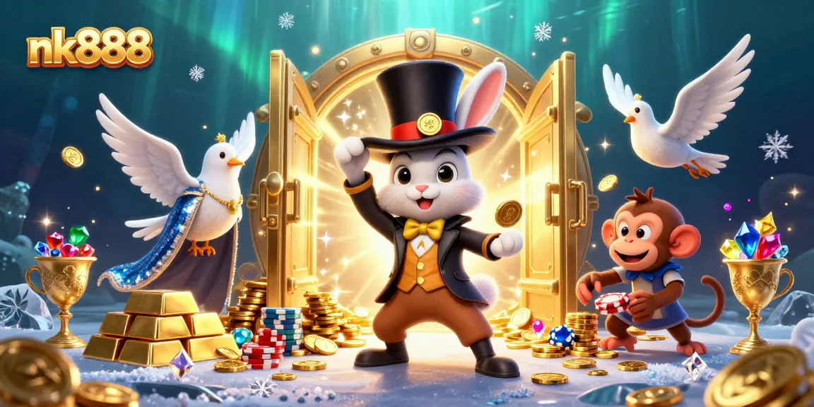 Win amazing rewards with nk888 in this lively casino-themed illustration showcasing characters and gold treasures.