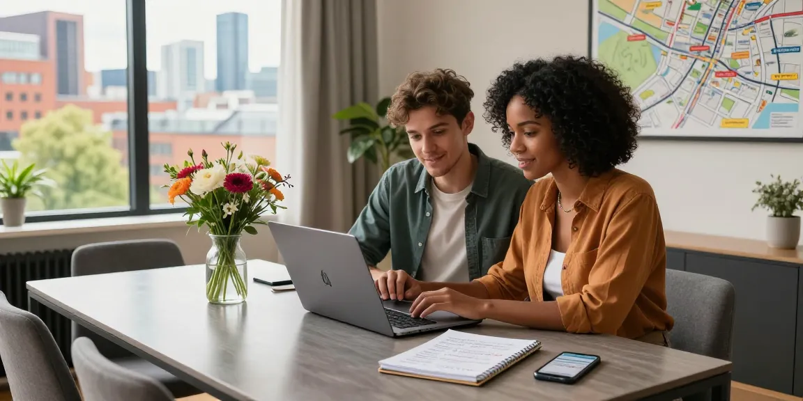 Help managing an Airbnb in Manchester: couple managing their stylish apartment listing with laptop and notes, welcoming atmosphere.