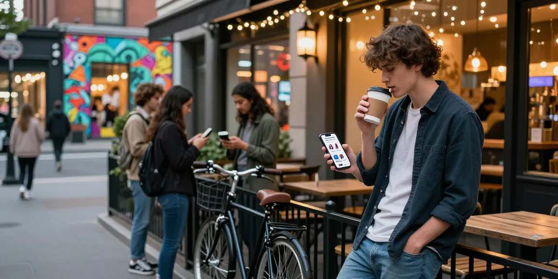 Young adult using rokok88 app in vibrant city setting, enjoying urban lifestyle.