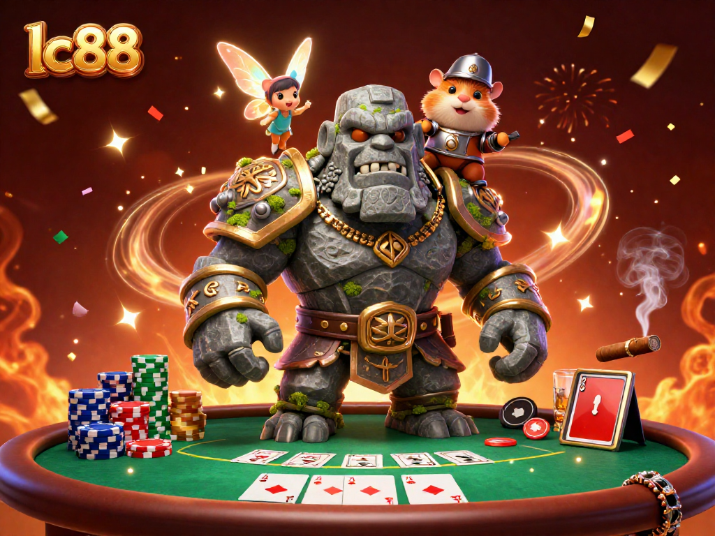 Join the excitement at lc88 with a magical scene featuring a golem, fairy, and hamster knight at a vibrant poker table.