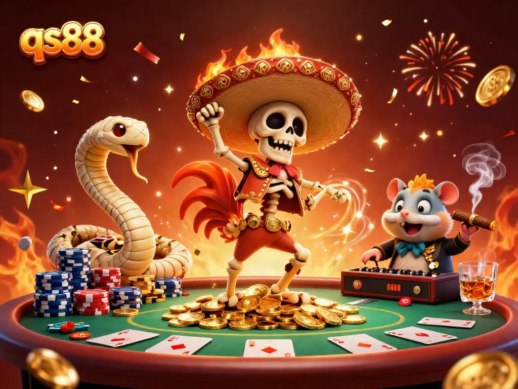 Engage in thrilling gameplay at qs88 with dynamic casino characters enjoying a jackpot experience.
