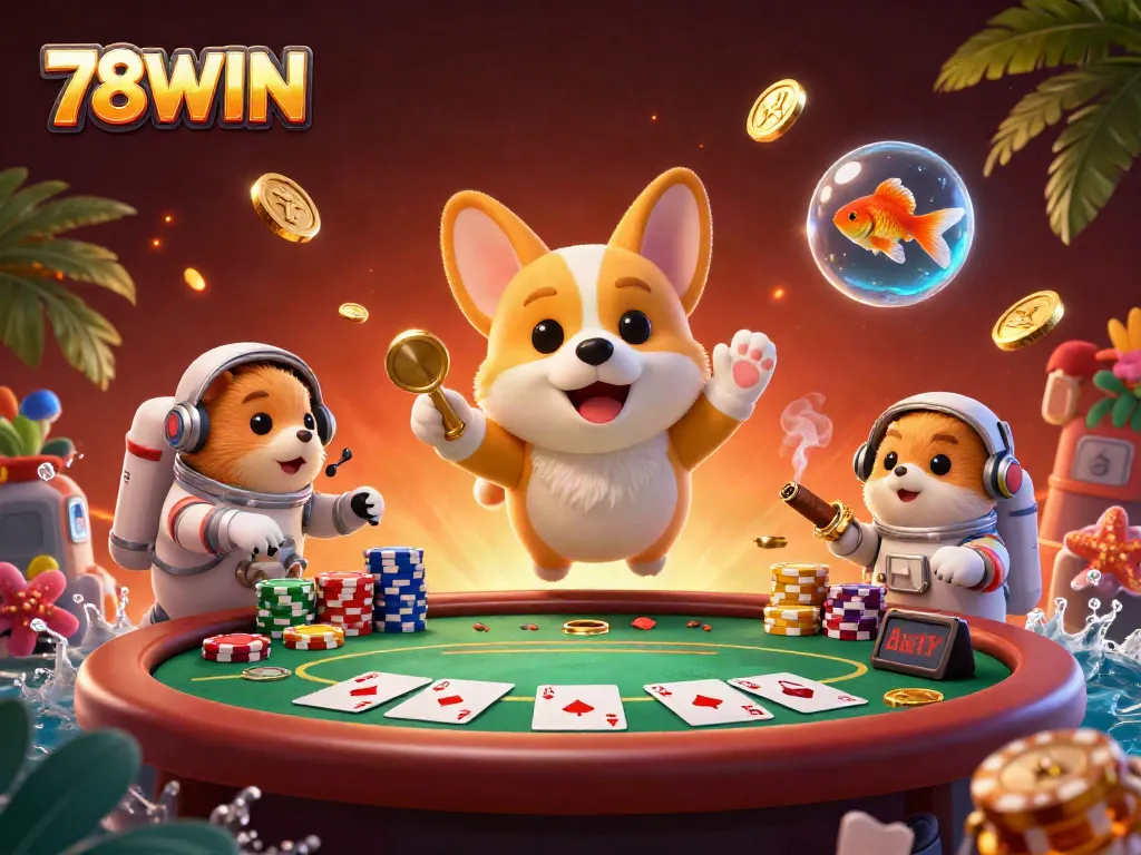 Join the excitement of 78WIN with a vibrant scene of a winning astronaut corgi in a space casino.