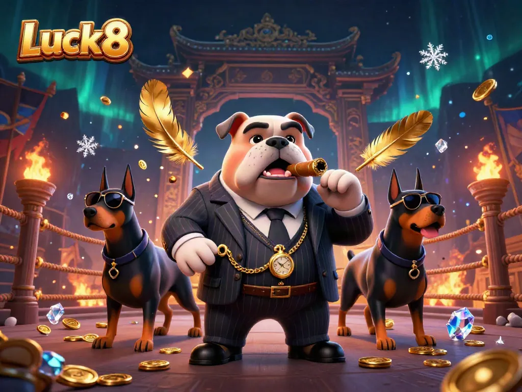 Experience thrilling Luck8 promotions with a dynamic casino scene featuring a mafia bulldog and Doberman bodyguards.