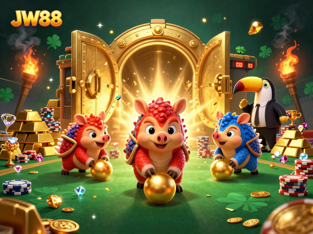 JW88 features thrilling pangolins bowling through poker chips, celebrating gambling wins.