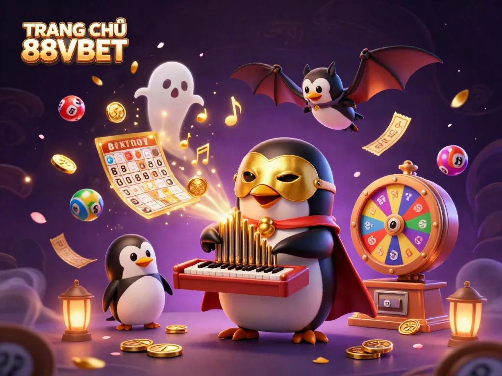 Engage with TRANG CHỦ 88VBET in a vibrant 3D illustration of casino excitement featuring a penguin organist, golden coins, and animated lottery elements.