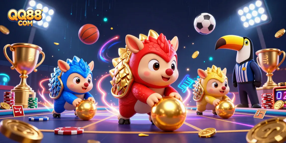 Engage with QQ88 COM, where rival pangolins bowl through poker chips and vibrant sports balls fly in a dynamic casino scene.