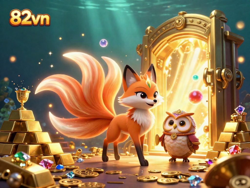 Experience the vibrant world of 82vn with a glowing fox spirit and treasures in a casino scene.