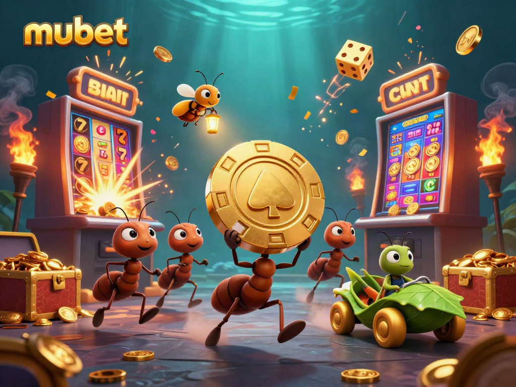 Engage in thrilling mubet gameplay with ants heisting a giant poker chip amidst colorful casino elements.