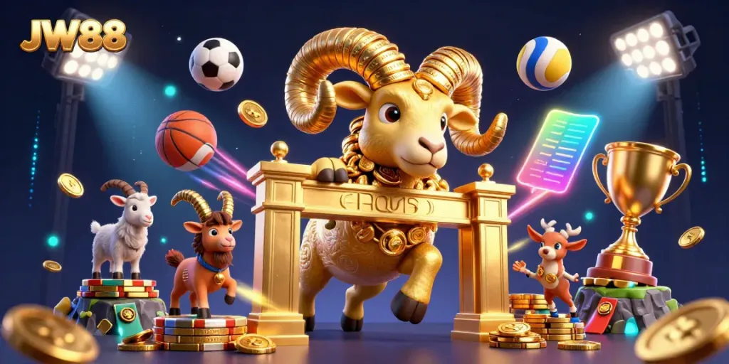 JW88 showcases a dynamic casino scene with a golden ram charging through a sports-themed gate amidst vibrant, energetic elements.
