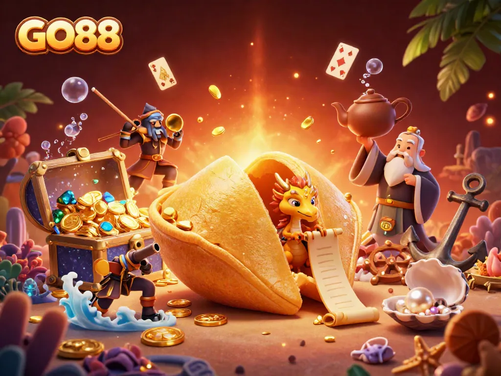 Experience exciting GO88 gaming adventures with a rich 3D illustration featuring a golden fortune cookie and vibrant casino elements.