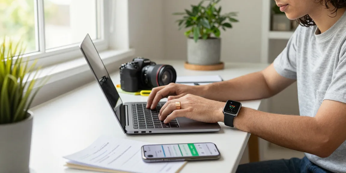 Young professional wearing a smart ring in a modern home office, engaging with technology and wellness.
