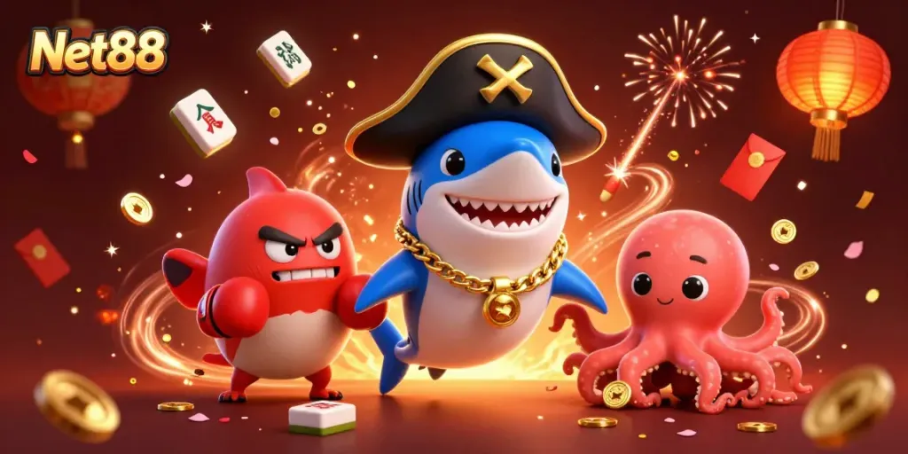 Net88 showcases betting excitement with a pirate shark, pufferfish, and octopus illustration.